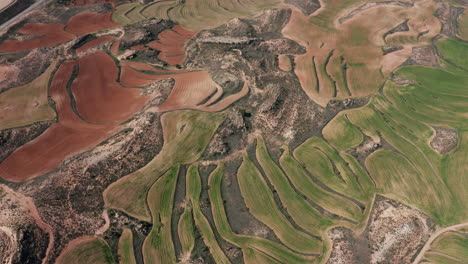 Abstrakter-Hintergrund,-Grünes-Gras-Und-Rote-Erde,-Spanische-Agrarlandschaft